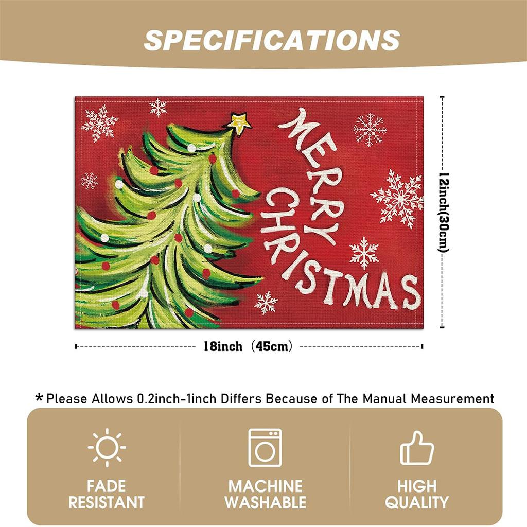 4/6pcs Christmas Themed Placemats with Christmas Tree and Snowflake Patterns, Featuring "MERRY CHRISTMAS" Print, Suitable for Holiday Dining Tableclot
