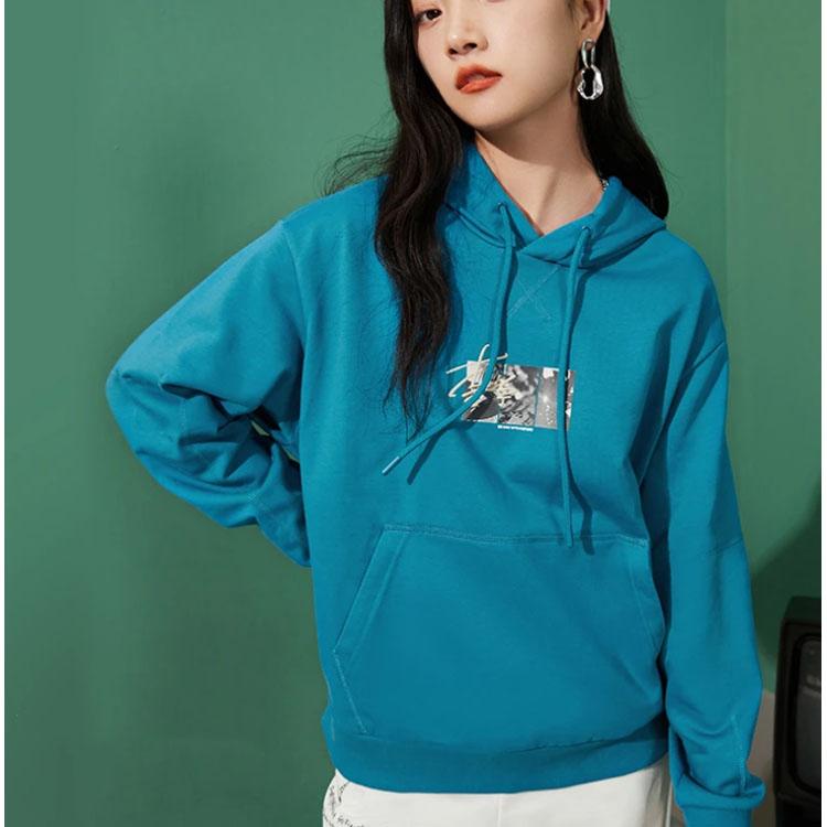 Li Ning Sports Fashion Series Logo Embroidered Group Print Loose Hoodie Unisex Hoodie Space-Blue AWDR471-2