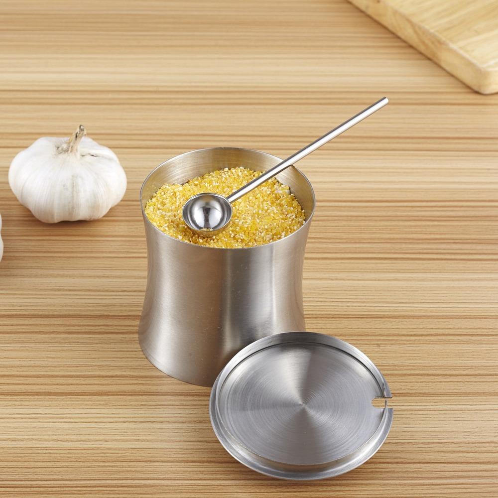 Stainless Steel Sugar Bowl with Lid and Spoon Salt Pot Condiment Can Condiment Pot Restaurant