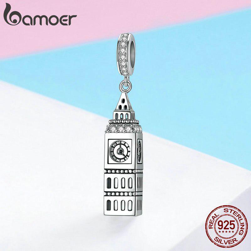 BAMOER New Collection 925 Sterling Silver British Big Ben Building Pendant Charm Fit Charm Bracelets