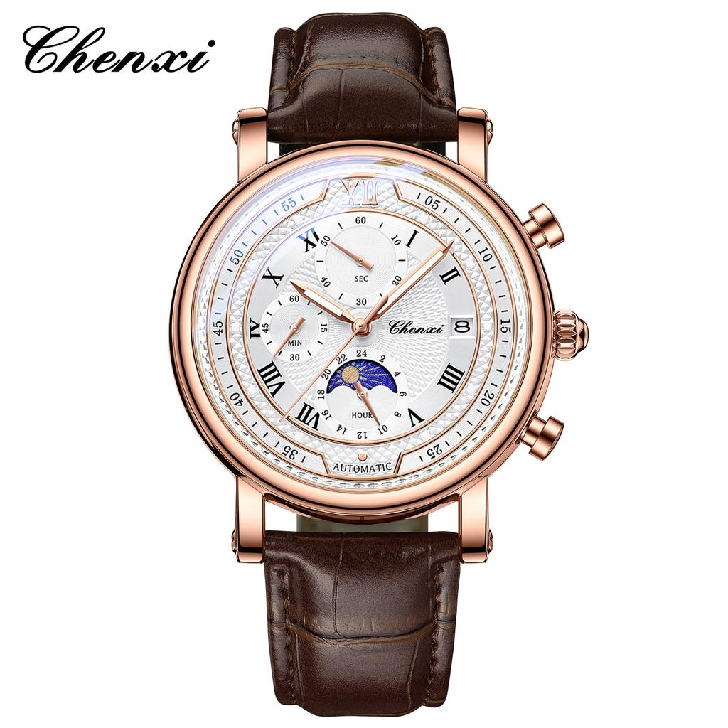 Chenxi Men's Watch Leather Chronograph Date Quartz Watches Phase Moon Timing Business Luminous Wrist Watch