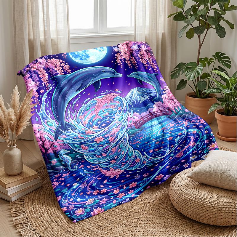 Dolphins Leaping at Sunset Theme blanket Lightweight Warm Flannel Blanket Decorative Throw Blanket for Home Decoration