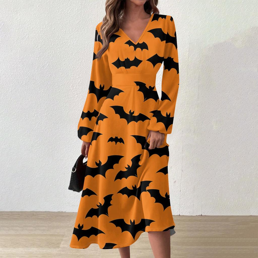 Женское осенне-зимнее повседневное модное длинное платье с v-образным вырезом и длинным рукавом с принтом