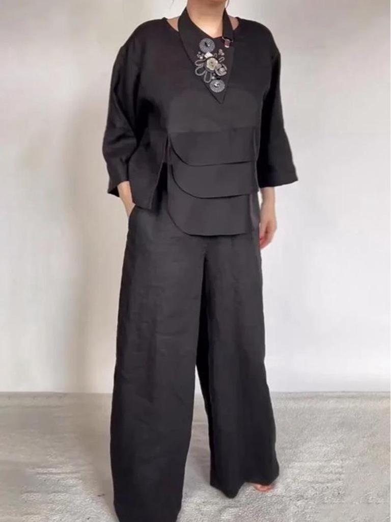 Летний европейско-американский однотонный комплект женской моды с карманом и круглым вырезом