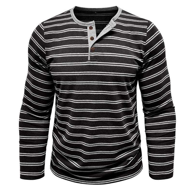 Casual Versatile Men's Autumn and Winter Long-sleeved T-shirt Fashionable Men's Striped Henry Shirt Three-button Top