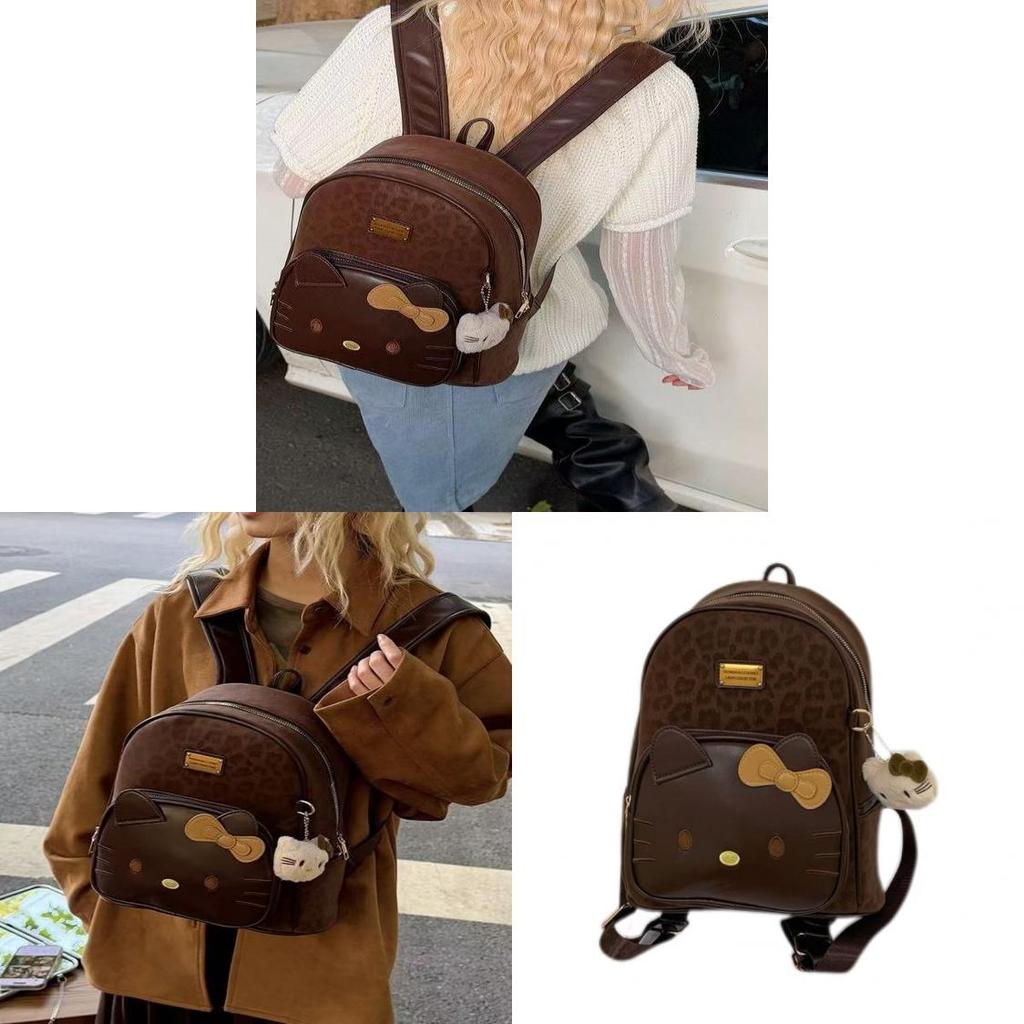 Hello Kitty Cartoon Leopard Print Pu Backpack With Padded Straps For Casual Day Use