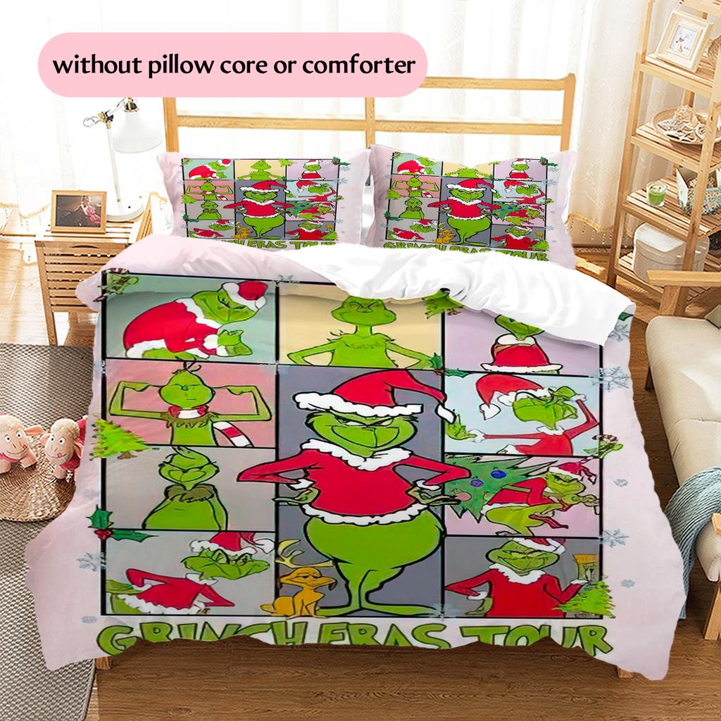 1PC Grinch pattern Bedding Quilt Set Quilt Cover Pillowcase Home Decoration Birthday Gift (1 * duvet cover + 2 * pillowcase, without core)