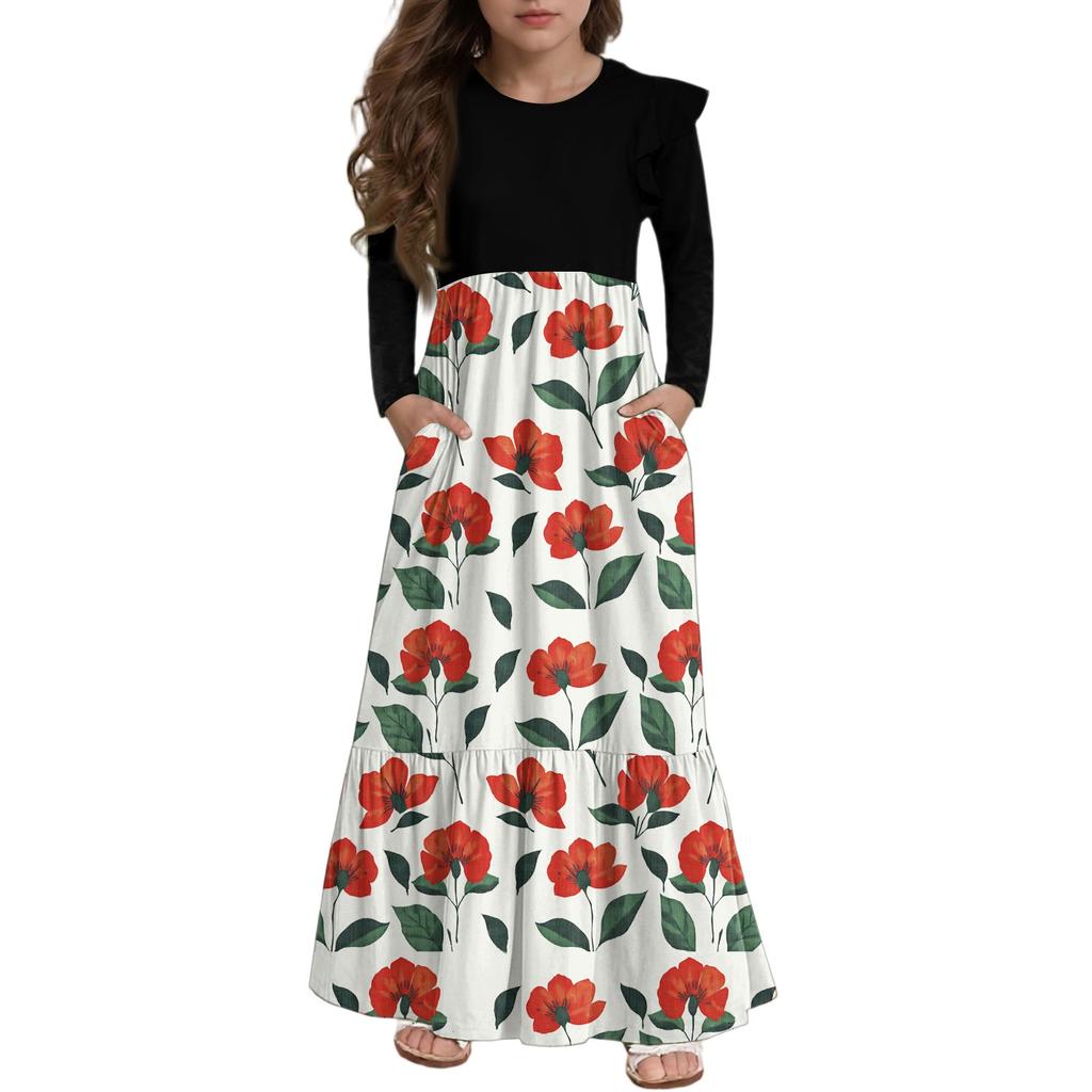 Girls' Tiered Ruffle Dress - Long Sleeve Printed Maxi With Pockets