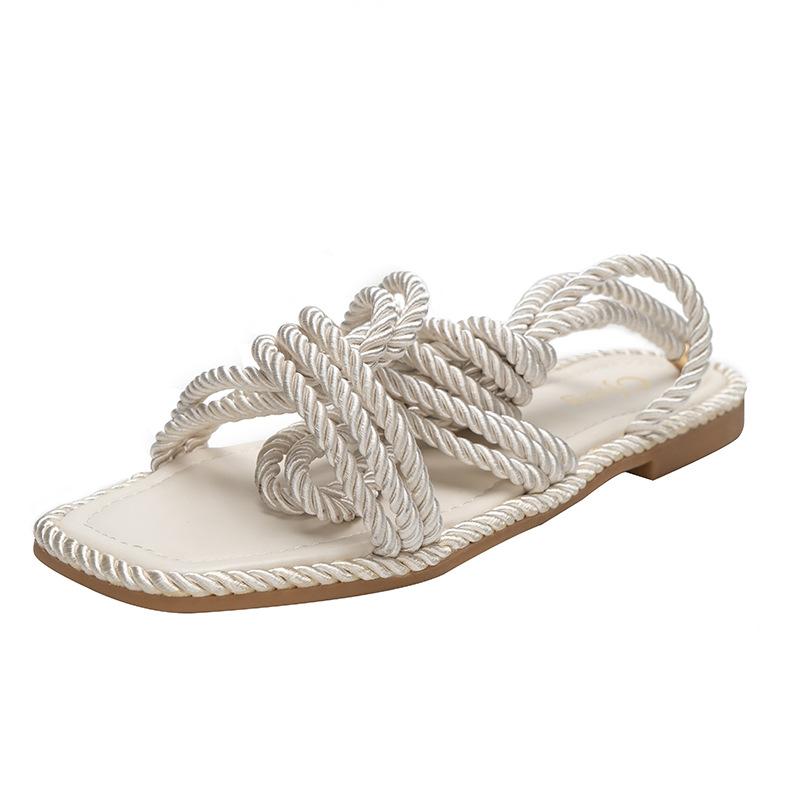 Модные женские сандалии Two Wear, плоские тапочки из пеньковой веревки, повседневные женские туфли большого размера 42 с квадратным носком и плоским каблуком