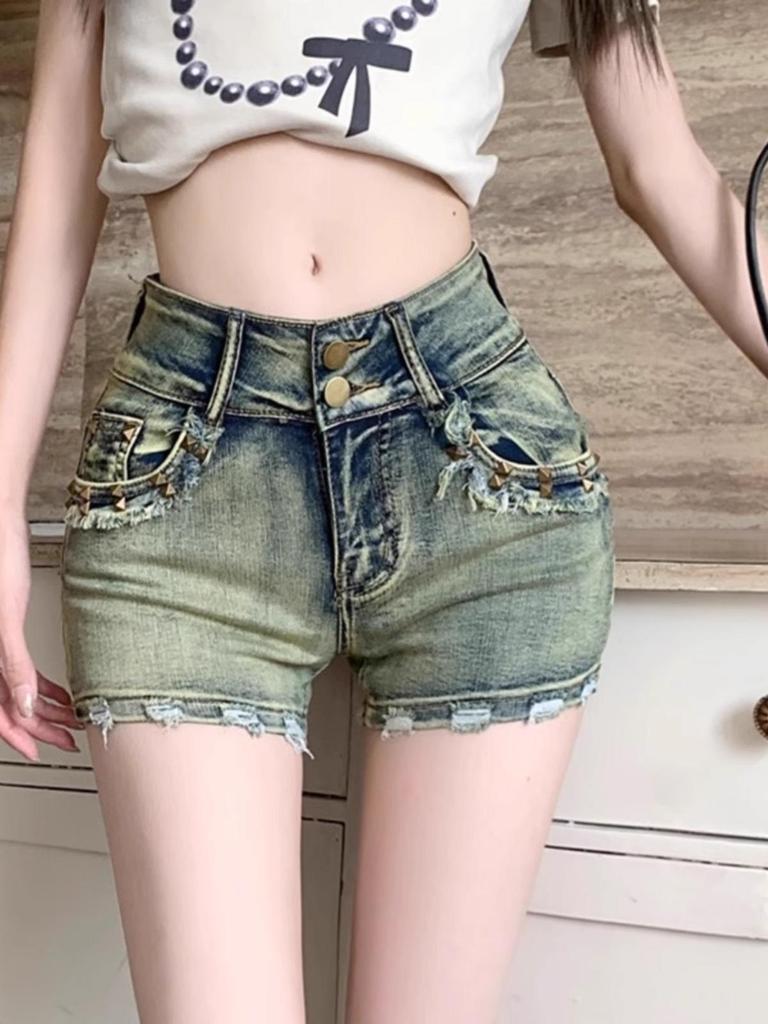 High Street Retro Spicy Girl Denim Shorts - Women's Slimming Sexy Summer Hot Pants with Rivets