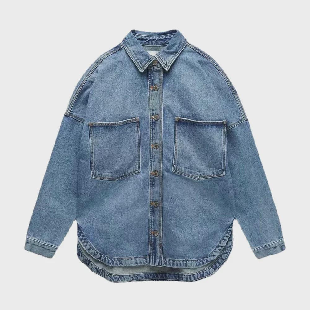 Women's European/American Style Washed Denim Shirt Jacket with Big Pockets