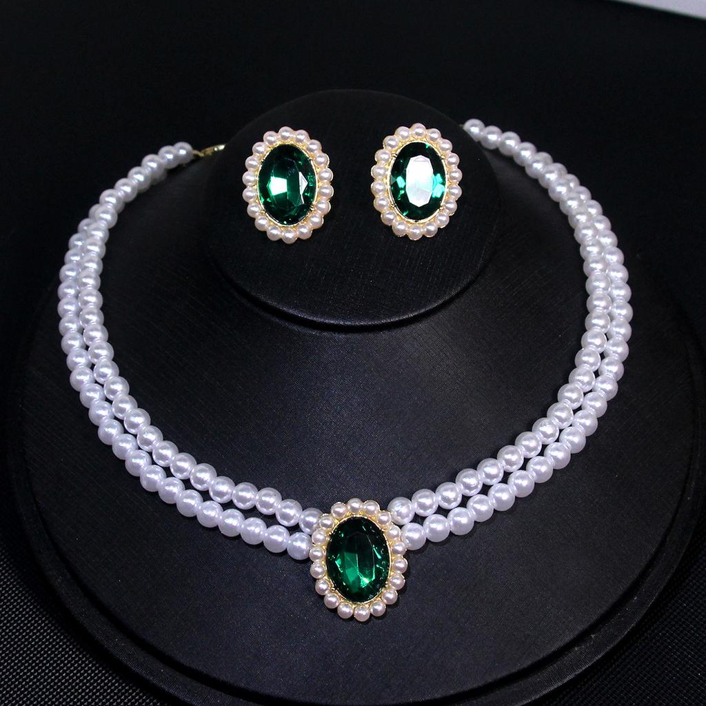 Vintage Imitation Pearl Necklace Earrings Jewelry Set for Women Emerald Crystal Choker Banquet Bridal Wedding Accessories