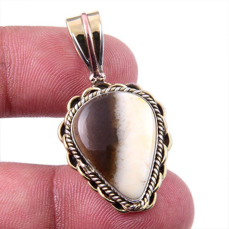 Natural Coffee Jasper 925 Solid Sterling Silver Gift TwoTone Pendant 1.50" t7D59