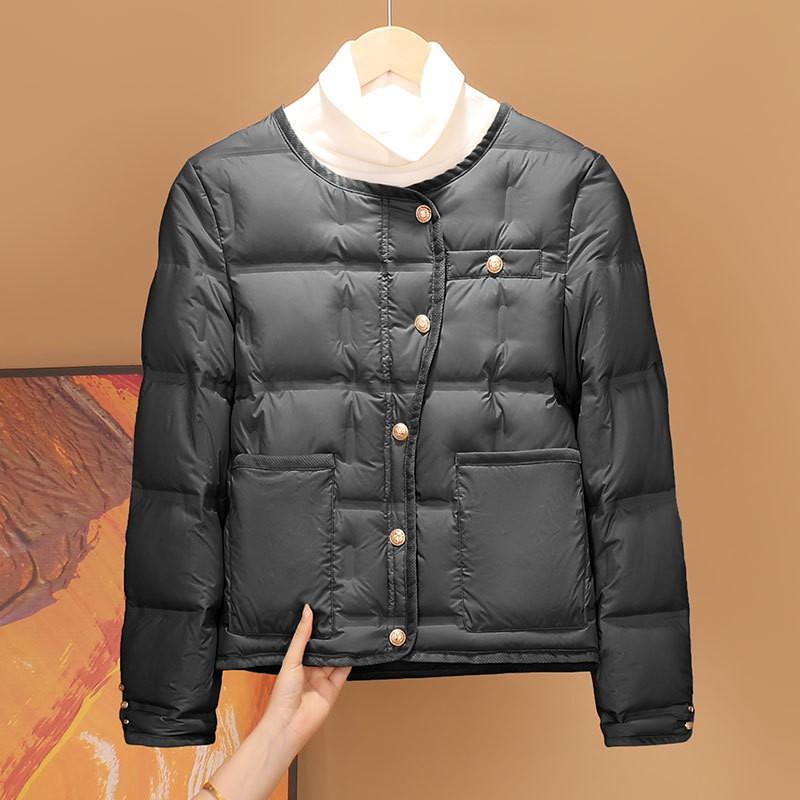 Womens Lightweight Down Inner Layer Jacket Slim Fit Long Sleeve Round Neck Short Length No Collar