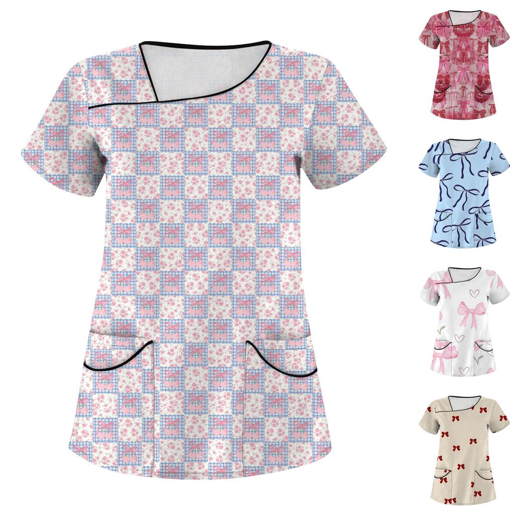 Женская мода с бантом и принтом, короткий рукав, рабочая одежда с двойными карманами