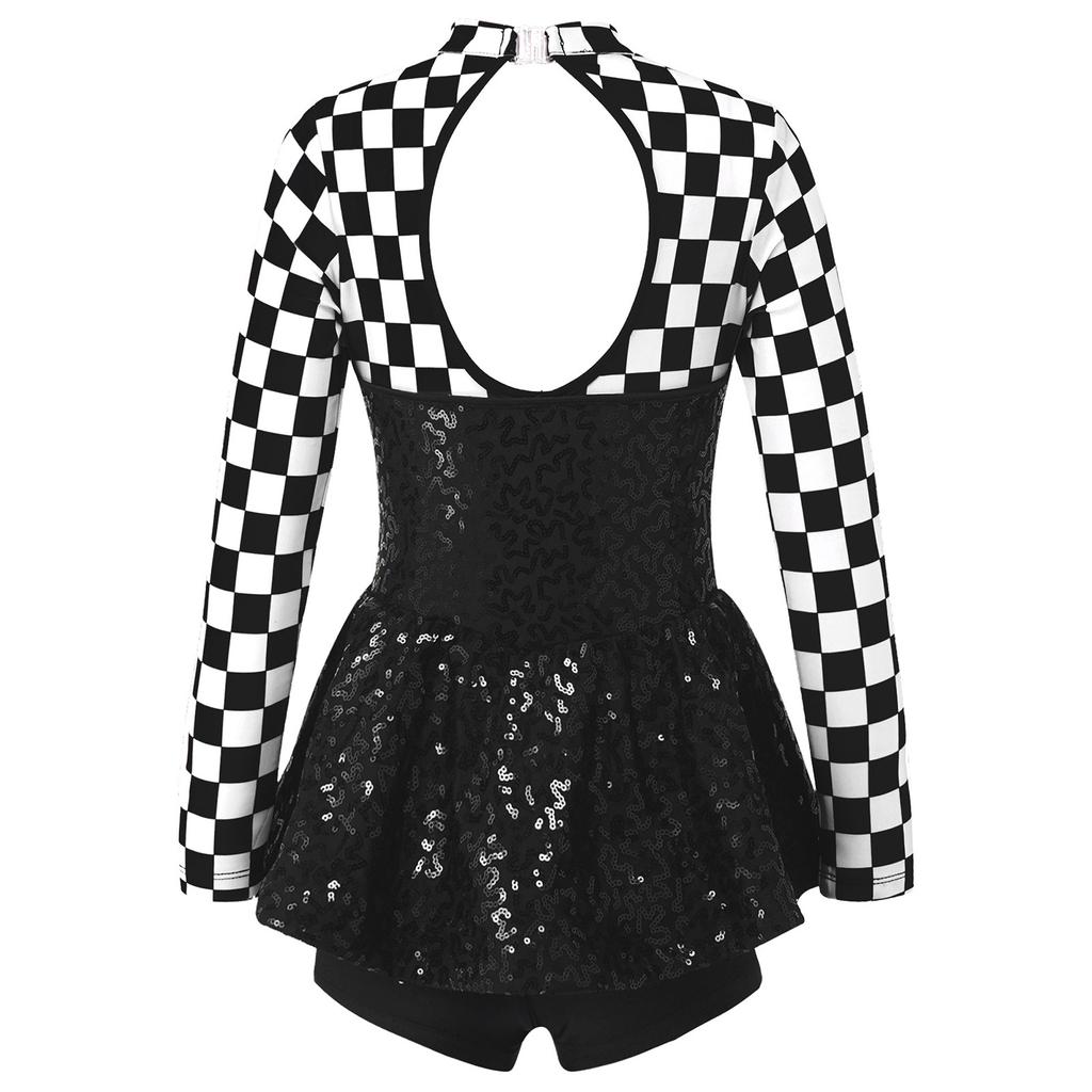 Kids Girls Racer Costume Long Sleeve Sequin Bowknot Keyhole Back Bodysuit for Halloween Cosplay Dress Up Performance