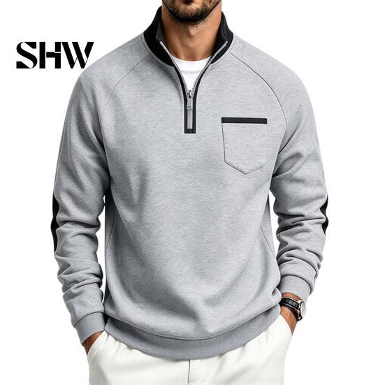 Solid Color Zip Up Tops Men Quarter Zipper Pullover Tops, Mock Neck Long Sleeve Sweatshirt, Contrast Winter Warm Casual Sport with Chest Pocket, Fall