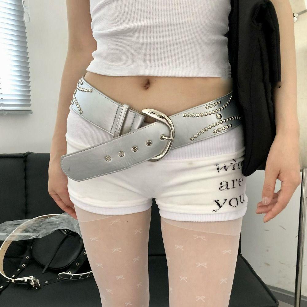 Поясной ремень с серебряными заклепками Y2K из искусственной кожи, повседневные джинсы с широким ремнем