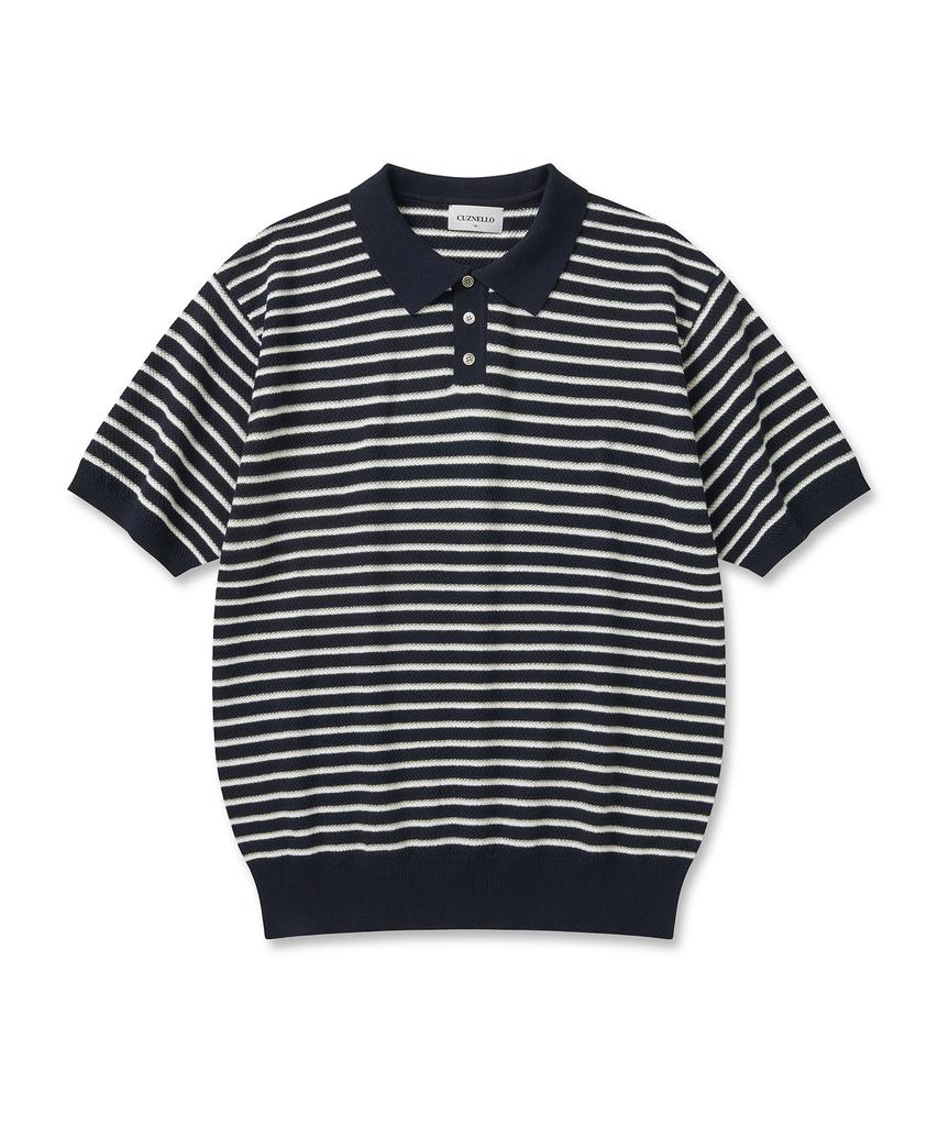 CUZNELLO Multi-Stripe Polo Short Sleeve Knit_Navy