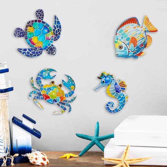 4 Pcs Wooden Beach Wall Decor Colorful Sea Turtle Fish Crab Seahorse Outdoor Sculptures Ocean Theme Wall Art for Garden Fence Home Wall