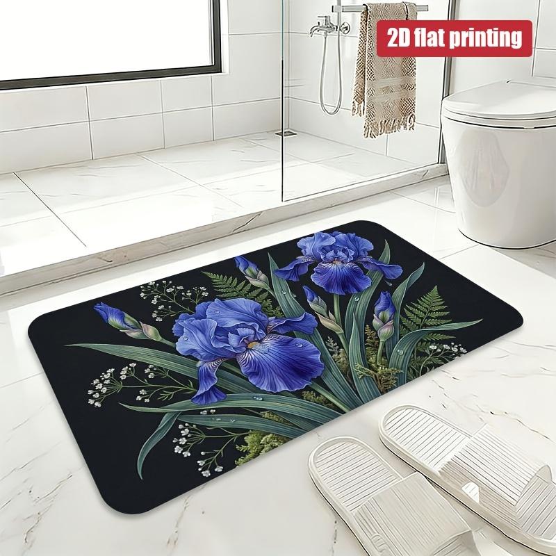 2D Flat Blue Iris Flowers Black Background Flannel Door Mat Non Slip Botanical Garden Rug for Entrance Hall Home Decor