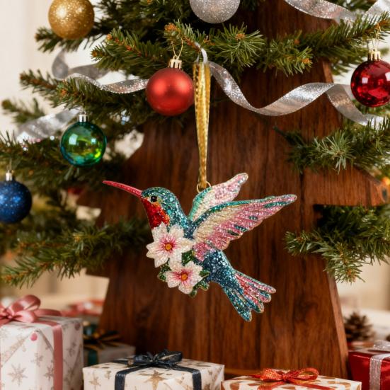 Hummingbird Christmas Ornaments Glitter Rhinestones Floral Hummingbird Ornaments for Christmas Tree 2D Acrylic Keepsake Gifts for Bird Lovers