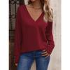 Women's Autumn Winter Solid Color V-neck Loose Long Sleeved T-shirt Button Top Blouses & Shirts