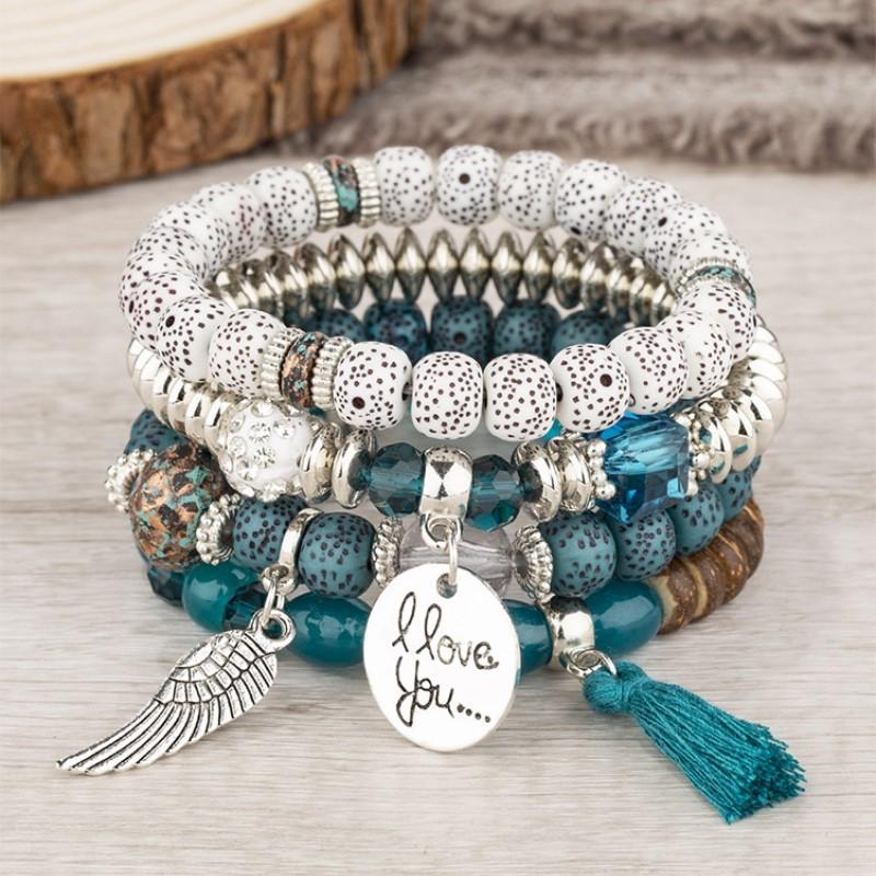 4PCS Bohemian Multi-Strand Beaded Bracelet Set with Fringe Tassel & Wing "I Love You" Charm - Women's Layered Jewelry Gift for Summer Fashion