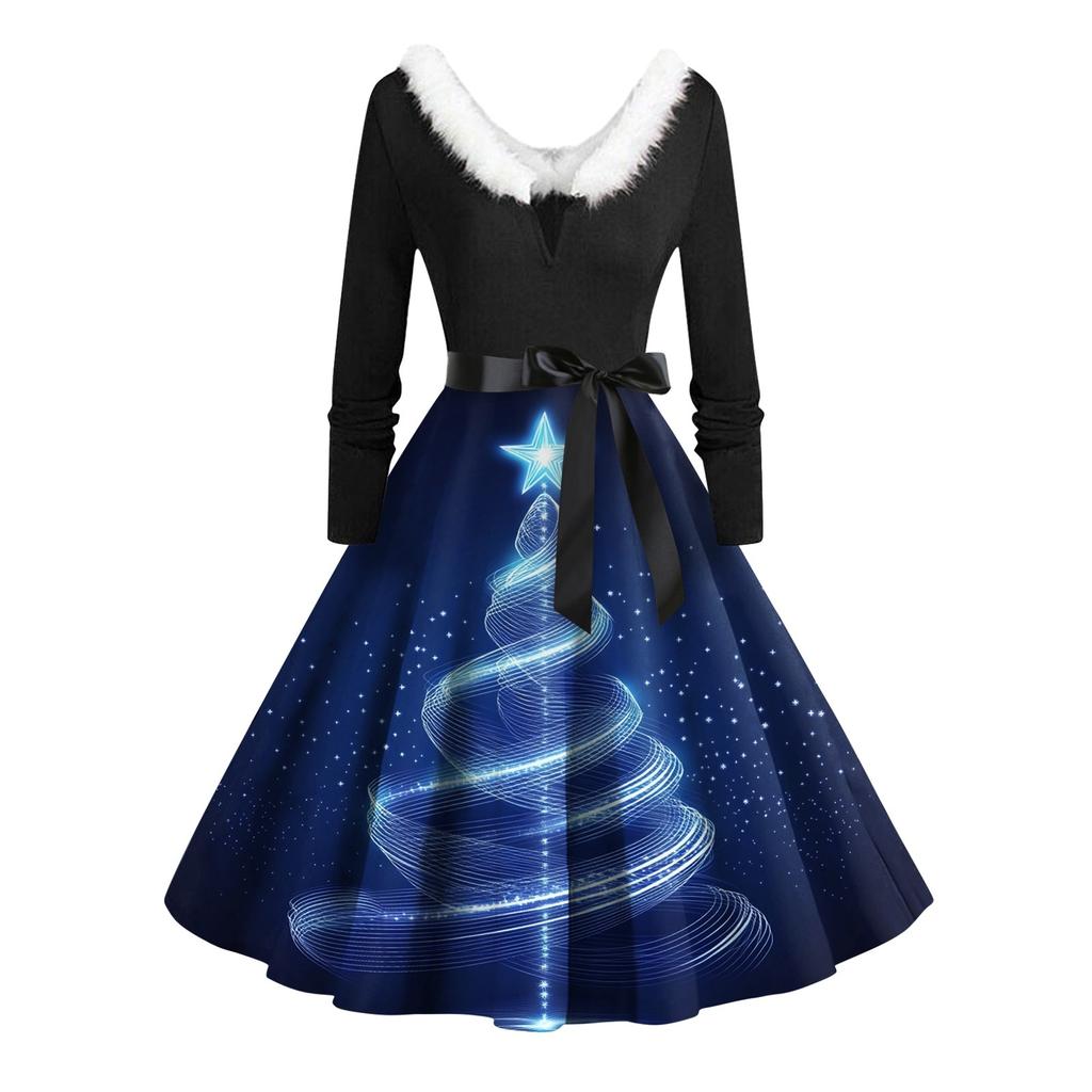 Women Vintage Long Sleeve Christmas Print 1950s Housewife Evening Party Prom Dress