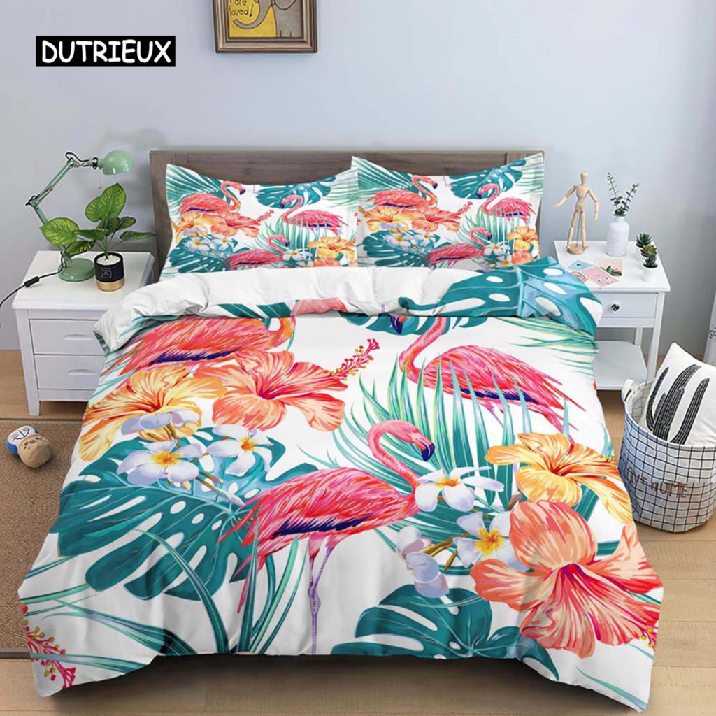 Flamingo Green Plant Palm Leaf Duvet Cover Soft Pink Comfortable Quilt Cover Cartoon Flamingo Bedding Set for Women Girls Decor