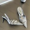 Модные Элегантные Серебристые Туфли на Высоком Каблуке для Женщин 2025 Лето Плиссированные Туфли с Ремешком на Пятке Остроносые Вечерние Туфли Женские Однотонные Сандалии на Высоком Каблуке