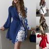 Women's Spring and Autumn Printed Collar Long Sleeve Strap Waist Dress