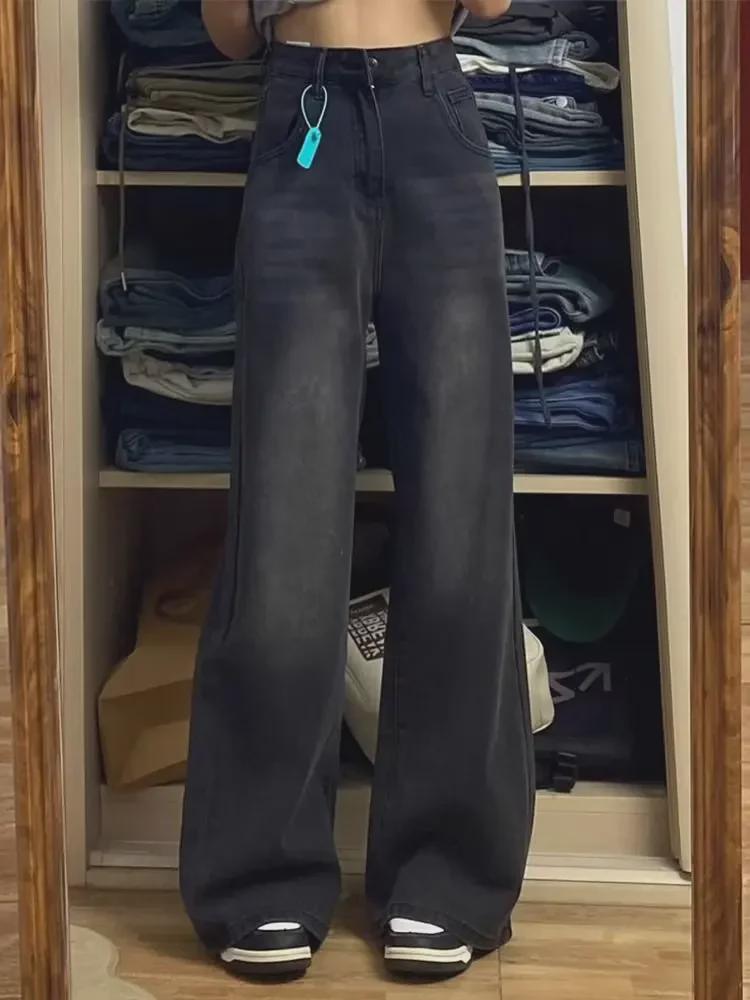 Женские джинсы American Retro 2024 с высокой талией, черные, широкие, с широкими штанинами - Весенний стиль