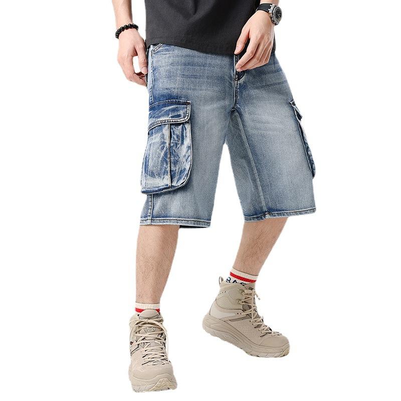 Летние мужские синие джинсовые шорты с несколькими карманами, уличная одежда, свободные прямые джинсовые шорты большого размера