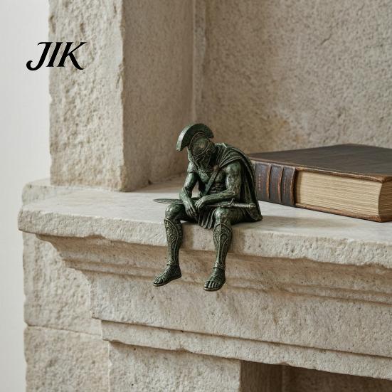 Mantelpiece Display Items Ancient Greek Warrior Shelf Sitter Statue, Sitting Soldier Figurine with Bookshelf Figurines Helmet, Historical Desktop