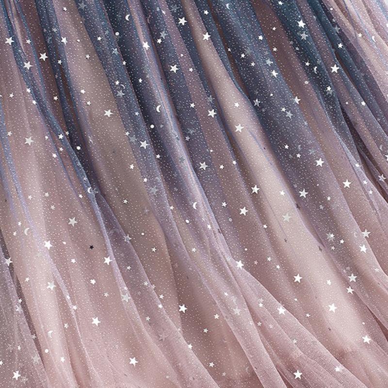 Sky Starry Gradient Long Mesh Tulle Skirt Elastic Waist Elegant High Waist Gown Gauze Tutu Skirt