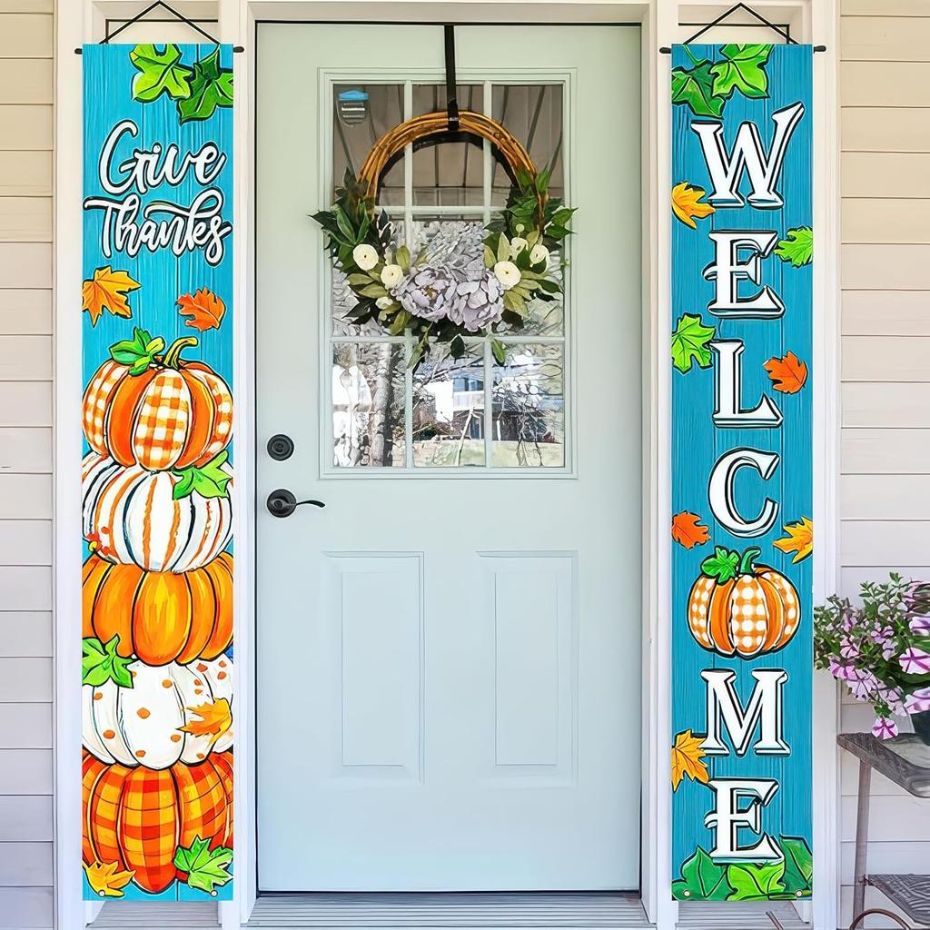 2pcs Thanksgiving Turkey Porch Banner Sign Set 12x71 Inch Autumn Thanksgiving Doors Decoration Fall Welcome Sign Pumpkin Door Banners for