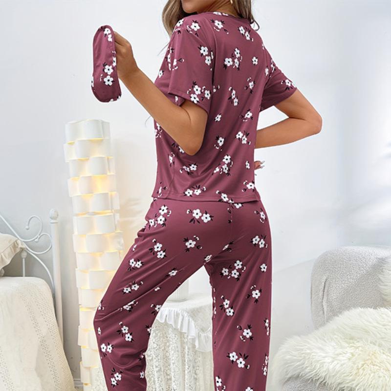 Women's Milk Silk Homewear Round Neck Short Sleeve Long Trousers Suit