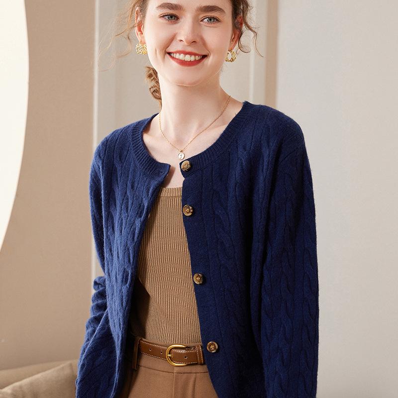 Women's 100% Pure Cashmere Round Neck Cable Knit Cardigan Sweater