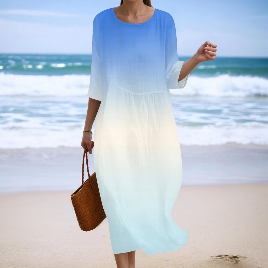 Women's Fashionable Printed Round Neck Seven Quarter Sleeve Loose Dress