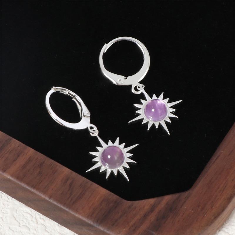 Light Luxury Style Stainless Steel Hoop Earrings Inlaid with Natural Stone Ins Women's Sun Flower Earrings