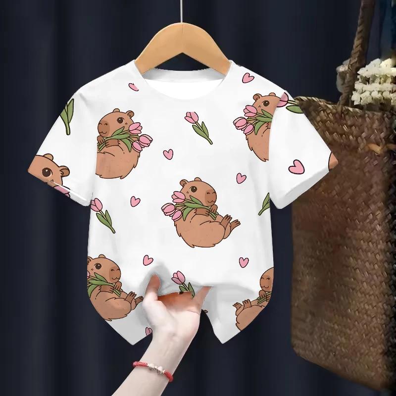 Одежда для детей капибары Футболки Летние с принтом Мультяшная мода Футболка с коротким рукавом Топы для девочек Свободные футболки
