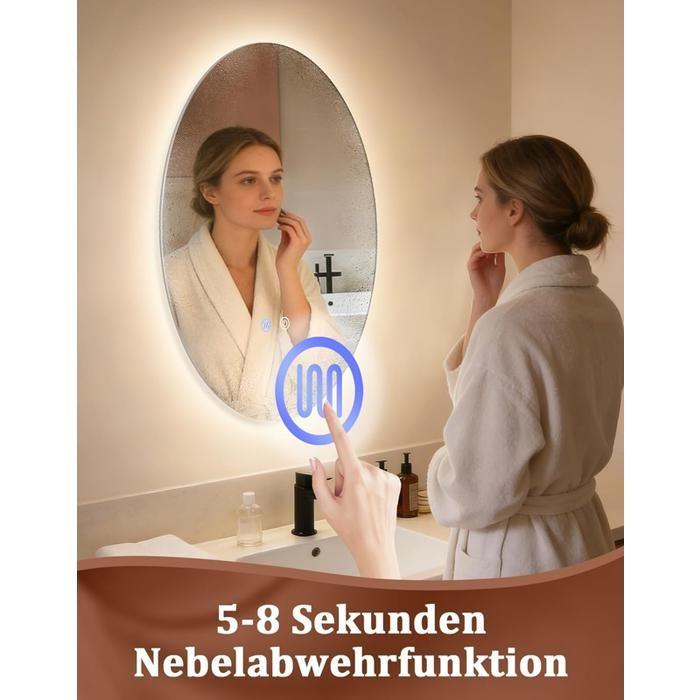 Miroir de salle de bain - NETTLIFE - 50x70 cm - IP44 - Interrupteur tactile - Anti‑buée, 3000–6500K dimmable