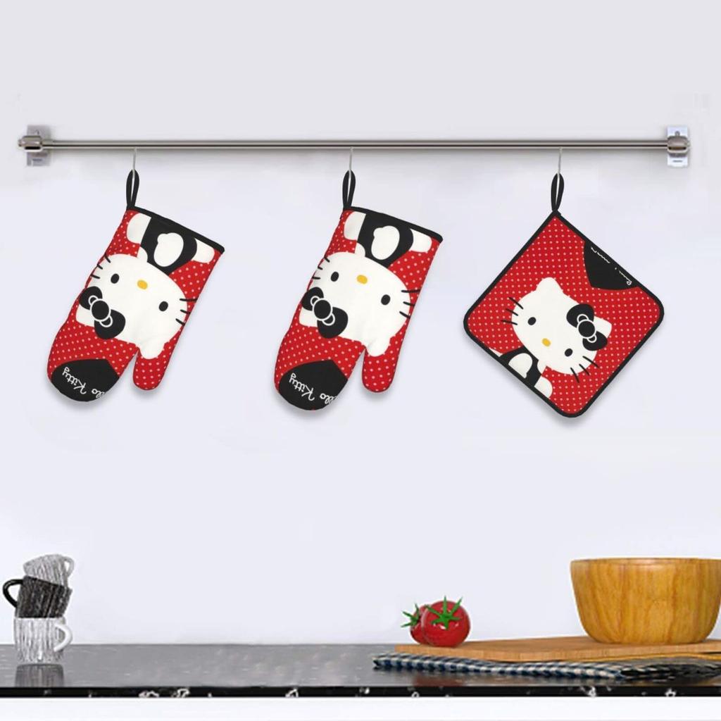 Hello Kitty Pot Stylish and Cute Oven Kitchen Can Be Used On Both Left and Right Set Heat-Resistant Holders/Oven Mitts, Mitts, Anti-Slip, Anti-Burn,
