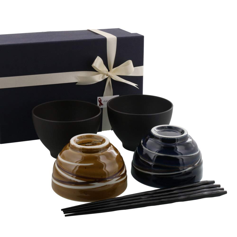 East Spiral Couple Bowl & Bowl Set (Navy X Caramel) - 6-Piece Dinnerware Set