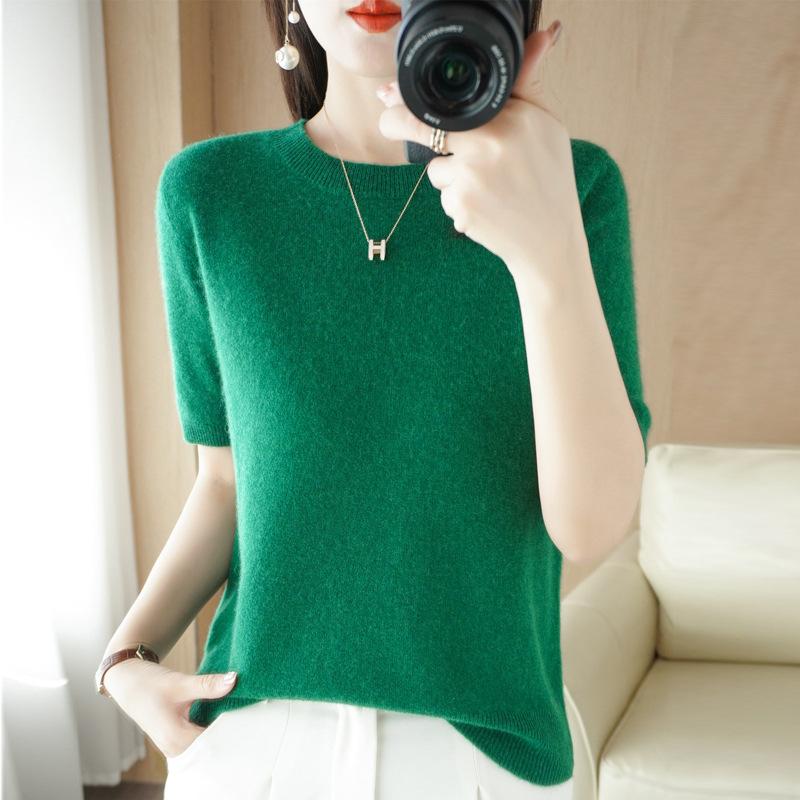 INDFS Women's Fashion Casual Summer Spring Solid Color Print Short Sleeve O-Neck Blouses & Shirts