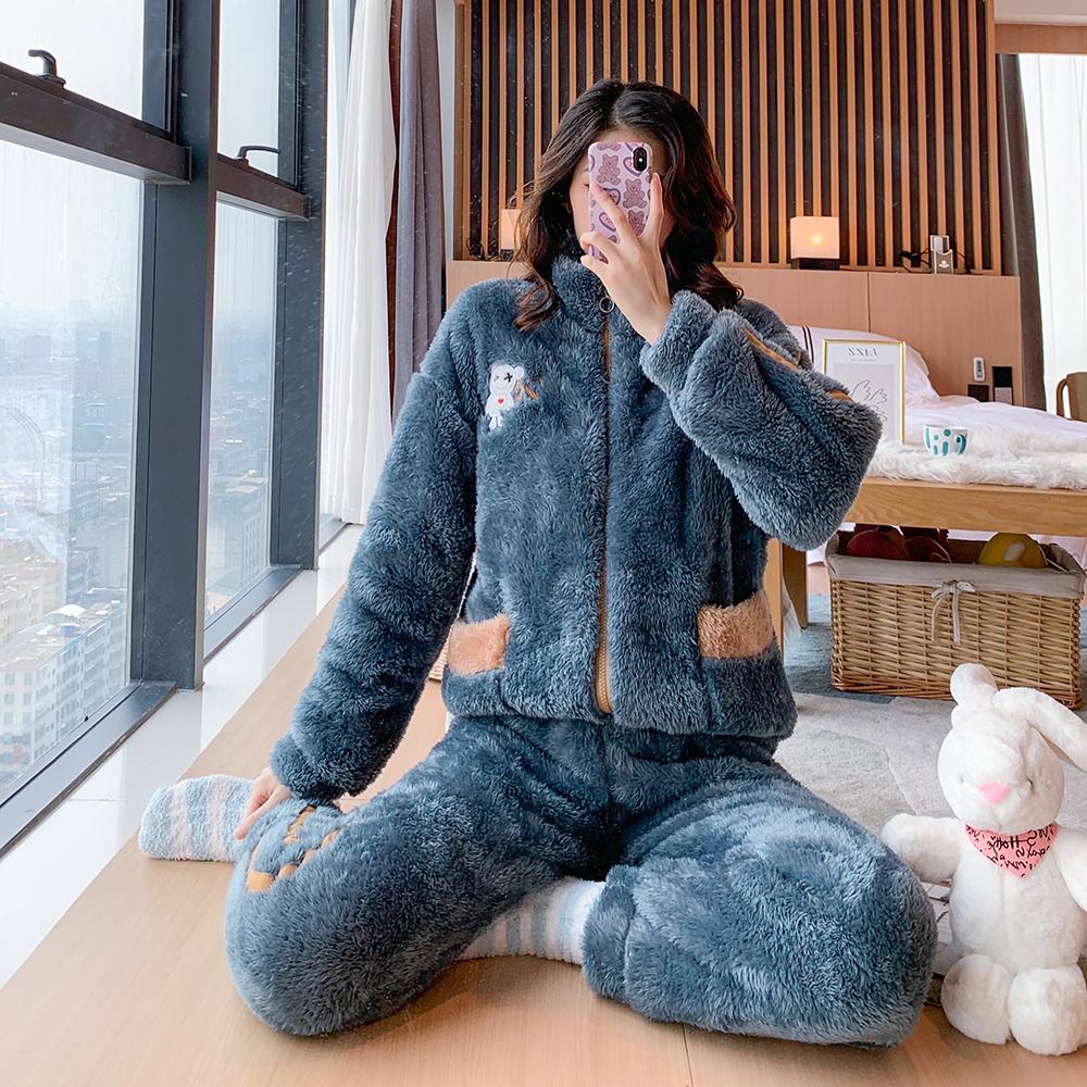 Зимний женский теплый пижамный комплект, одежда для сна из кораллового флиса, фланелевые плотные пижамы с героями мультфильмов, домашняя одежда большого размера, пижама большого размера