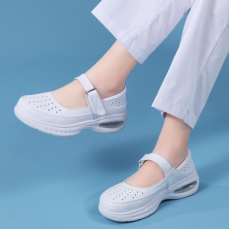 Fashion Leather Air Cushion Nurse Shoes Breathable Women Ladies Thick Soled Shoes Non-Slip White Medical Shoes One-Step Flat