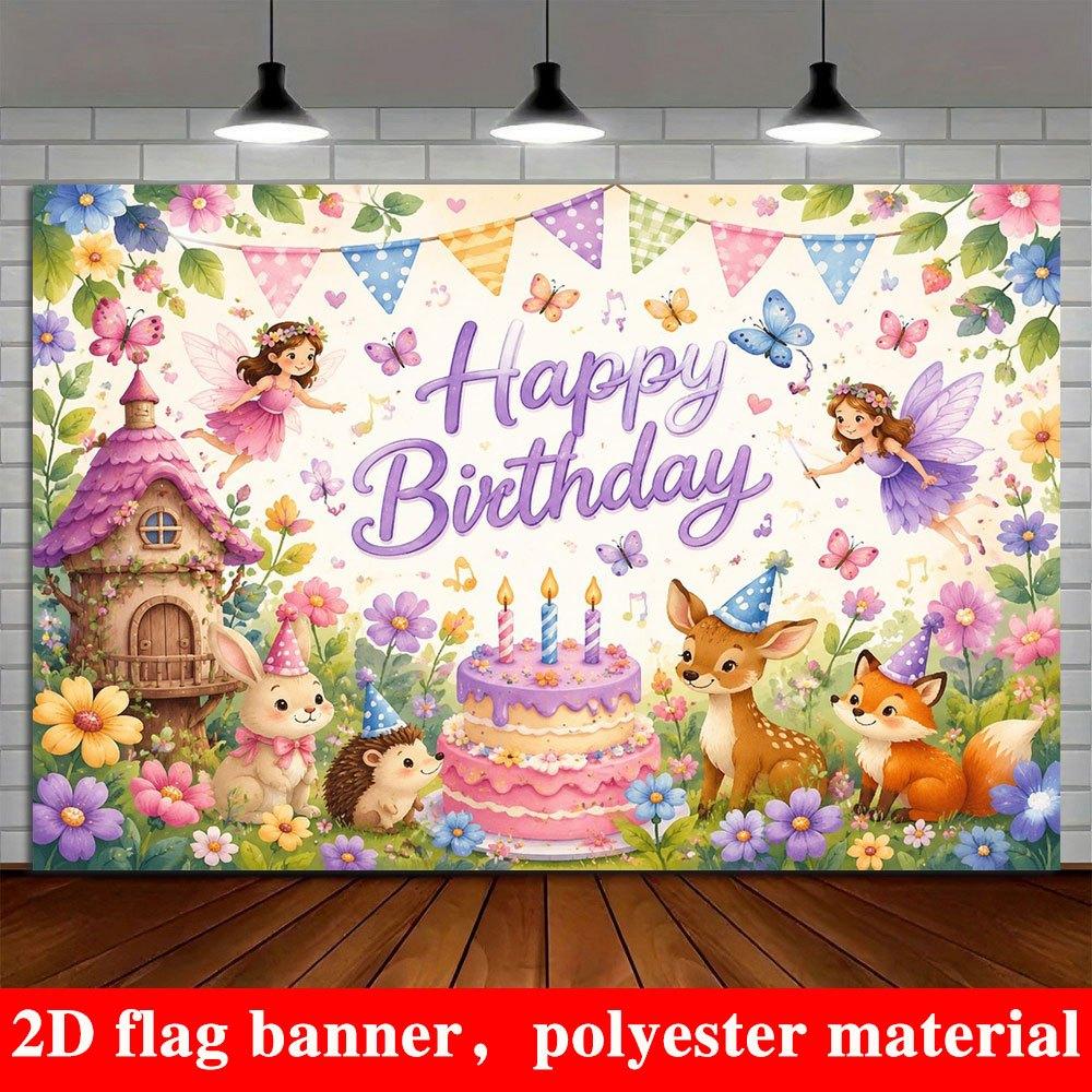 2D Flat Banner, Birthday Forest Backdrop, Cake, Forest Cabin, Butterflies, Forest Animals, Party Decor