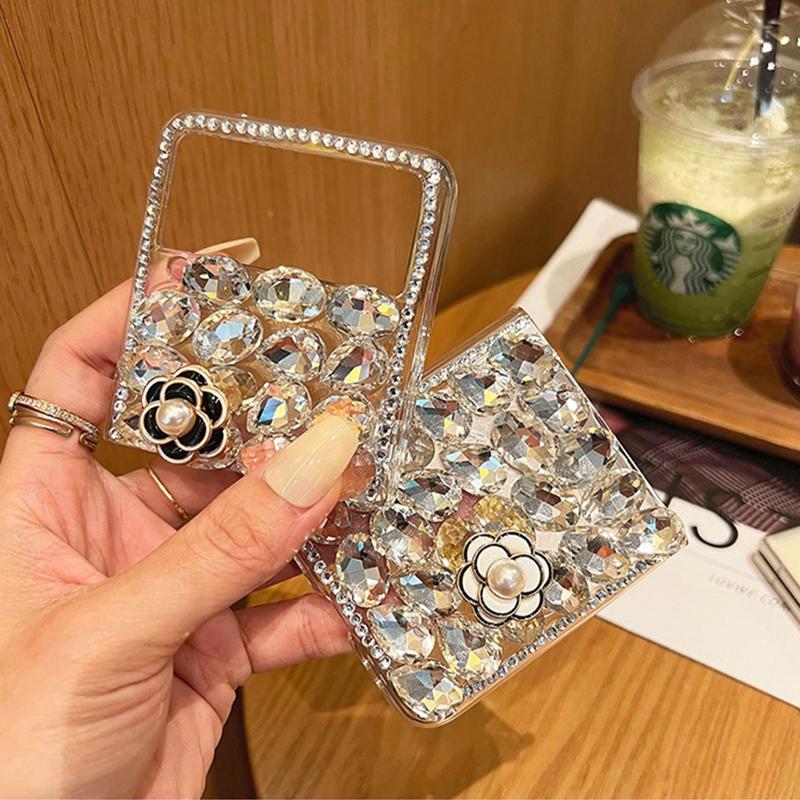 Luxury Bling Diamond Rhinestone Crystal Phone Case for Samsung Galaxy Z Flip 5 4 3 DIY Pearl Camellia Clear Hard PC Back Cover